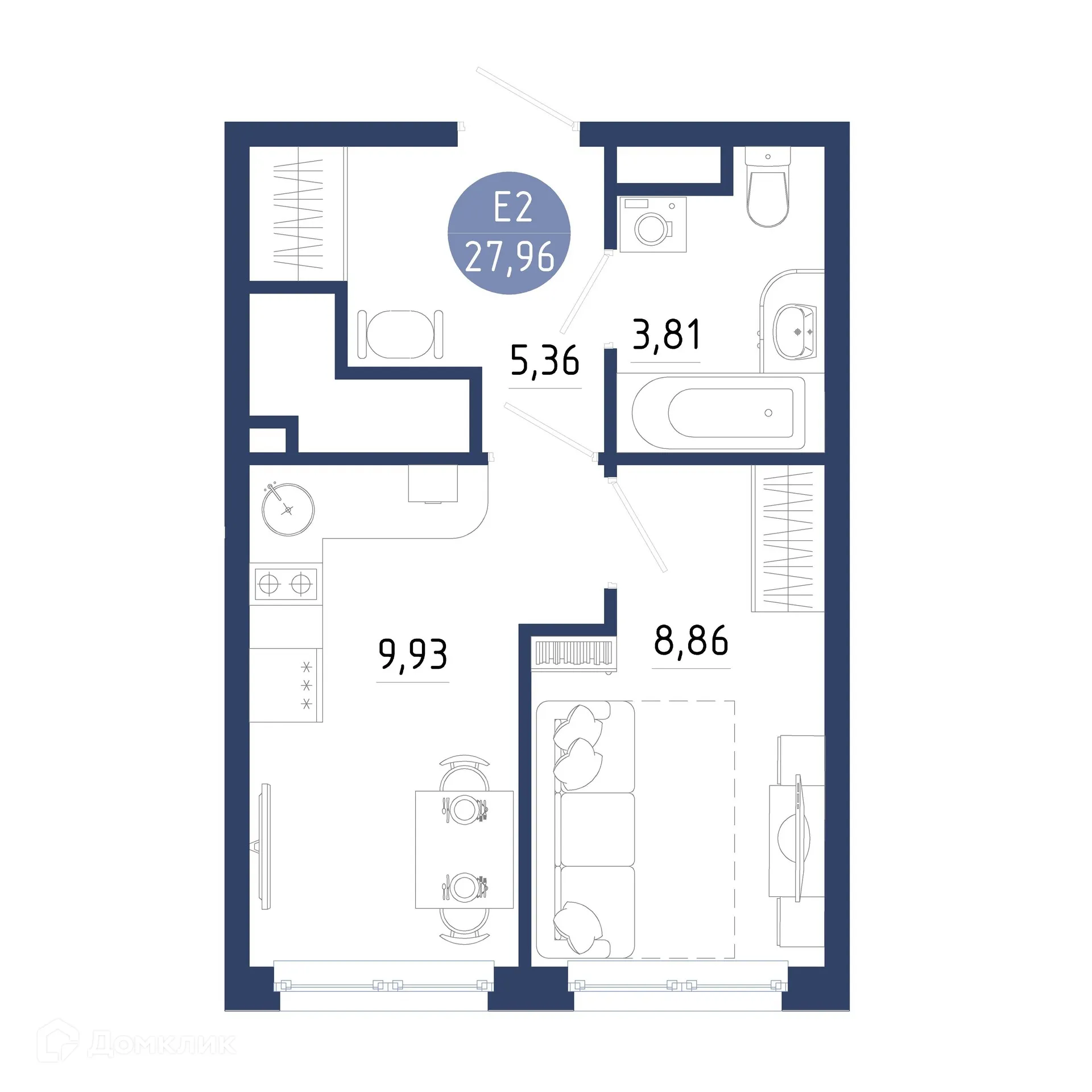 Планировка 1-комнатной квартиры 27.96 м² в ЖК Бульвар оптимистов, г. Дядьково — фото 1