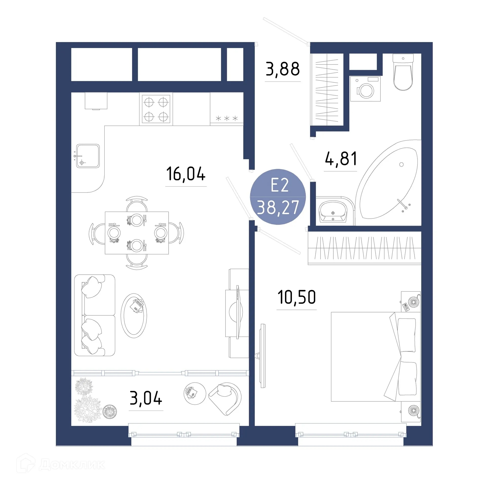 Планировка 1-комнатной квартиры 38.27 м² в ЖК Бульвар оптимистов, г. Дядьково — фото 1