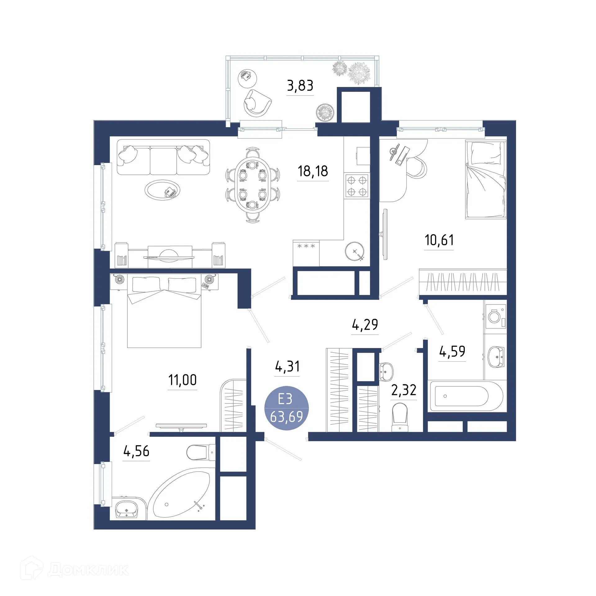 Планировка 2-комнатной квартиры 63.69 м² в ЖК Бульвар оптимистов, г. Дядьково — фото 1