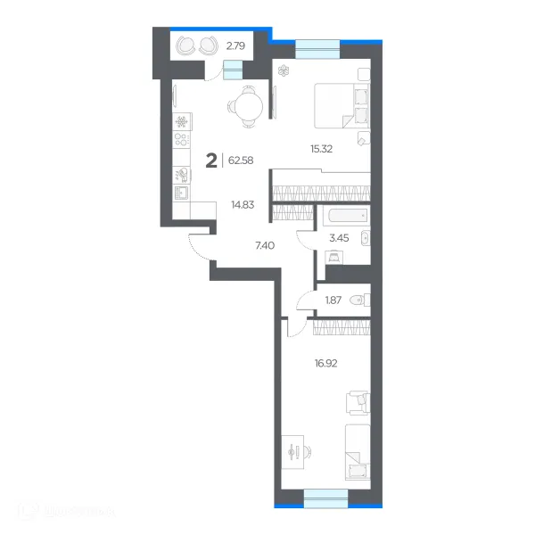 Планировка 2 комн. в ЖК ОГНИ