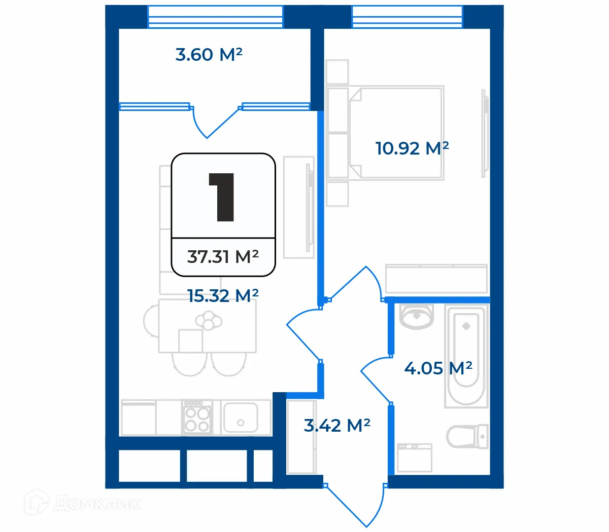 Планировка 1-комнатной квартиры 35.51 м² в ЖК Дом на Разина, г. Рязань — фото 1