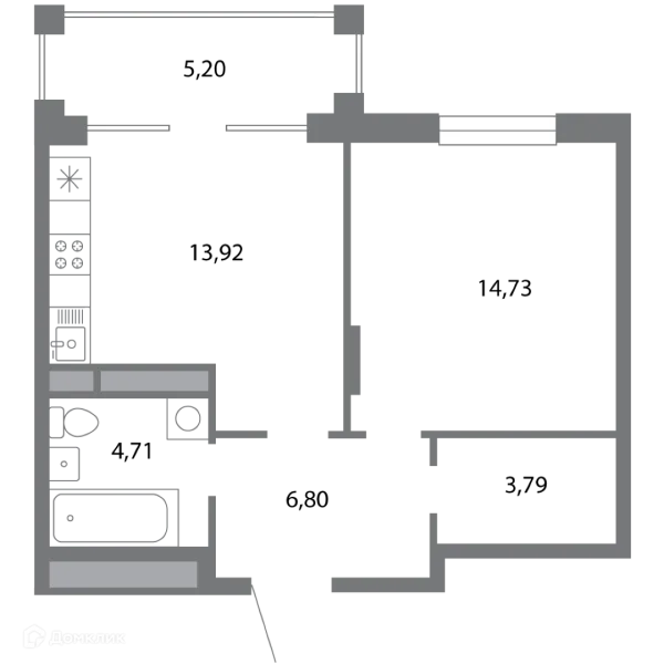 Планировка 1 комн. в ЖК Солотчинский квартал