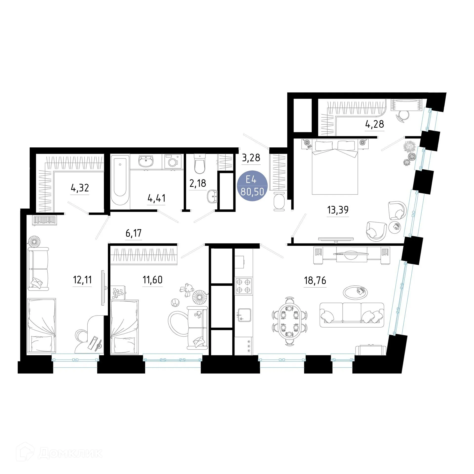 Планировка 3-комнатной квартиры 80.5 м² в ЖК РОЩА, г. Рязань — фото 1