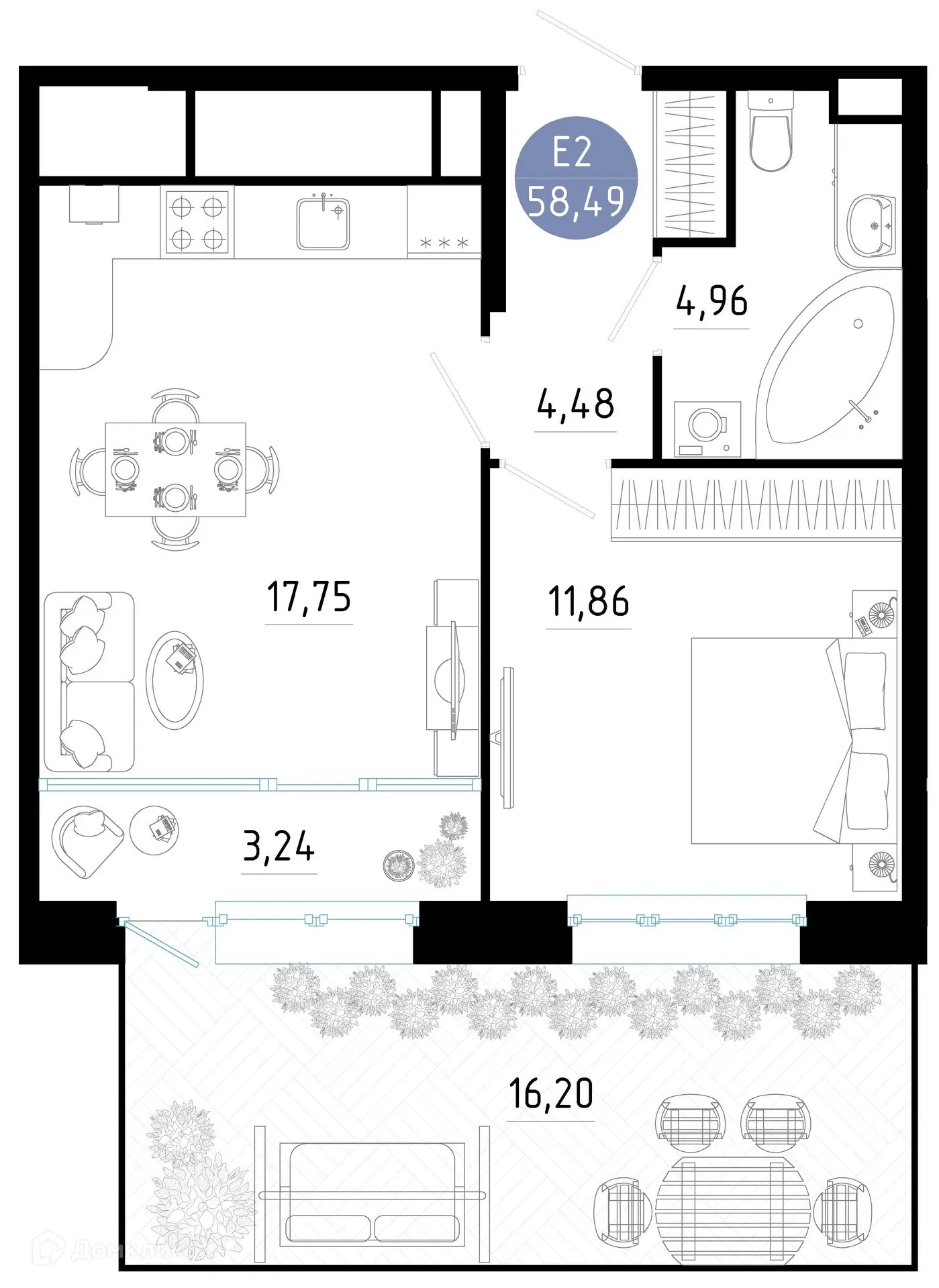 Планировка 1-комнатной квартиры 58.49 м² в ЖК РОЩА, г. Рязань — фото 1