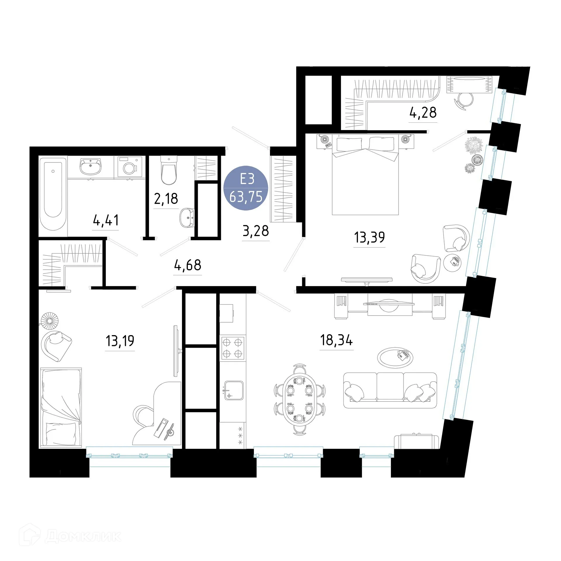 Планировка 2-комнатной квартиры 63.75 м² в ЖК РОЩА, г. Рязань — фото 1