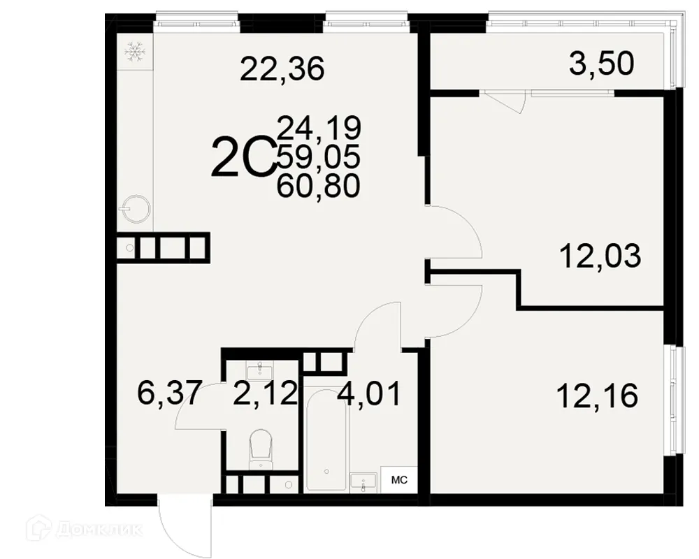 Планировка 2-комнатной квартиры 60.8 м² в ЖК Радости жизни, г. Рязань — фото 1