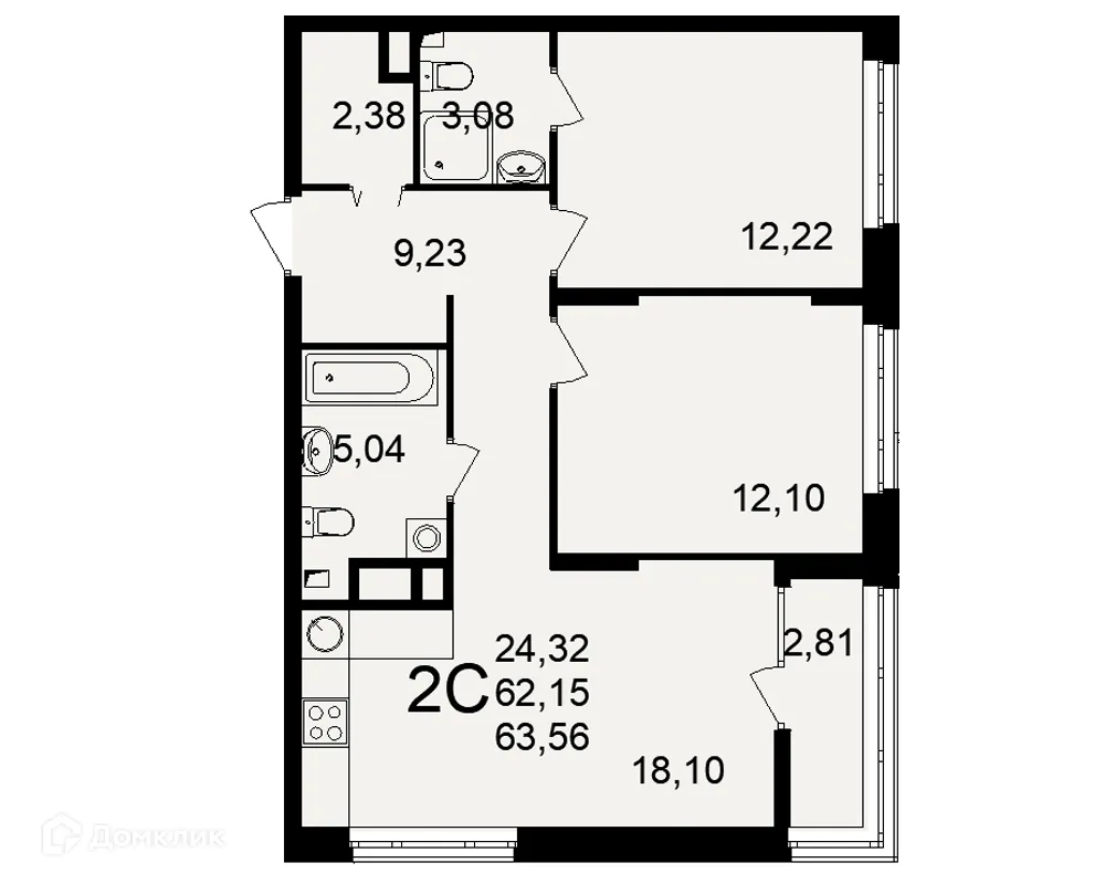 Планировка 2-комнатной квартиры 63.56 м² в ЖК Аура, г. Рязань — фото 1