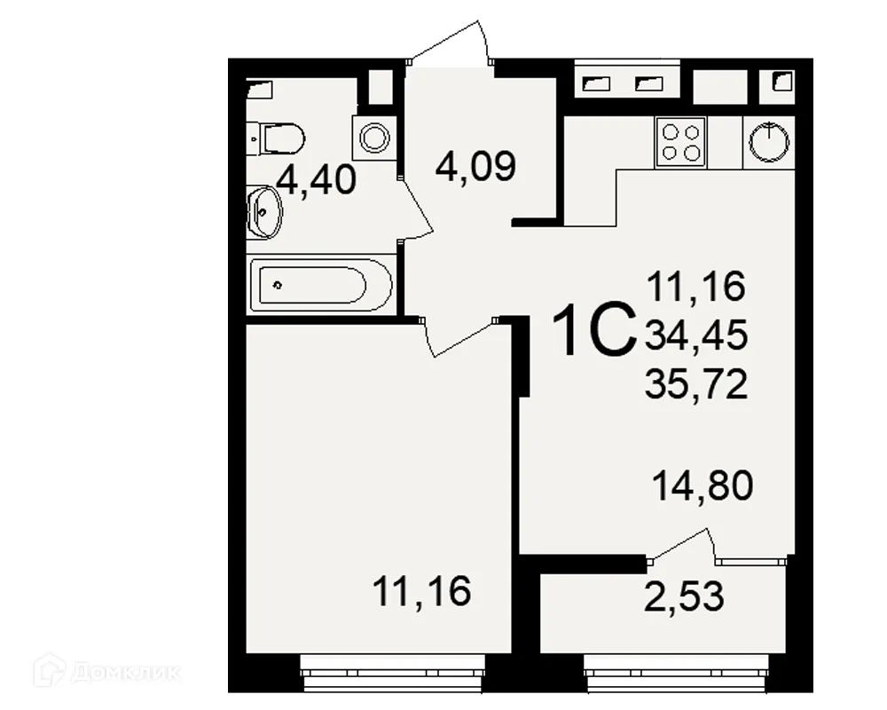Планировка 1-комнатной квартиры 35.72 м² в ЖК Аура, г. Рязань — фото 1