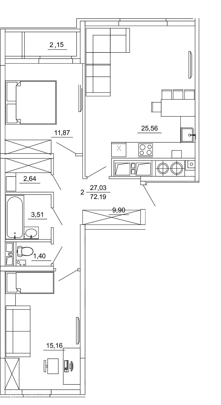 Планировка 2-комнатной квартиры 72.19 м² в ЖК Смарт Квартал ЦЕНТРАЛЬНЫЙ, г. Рязань — фото 1