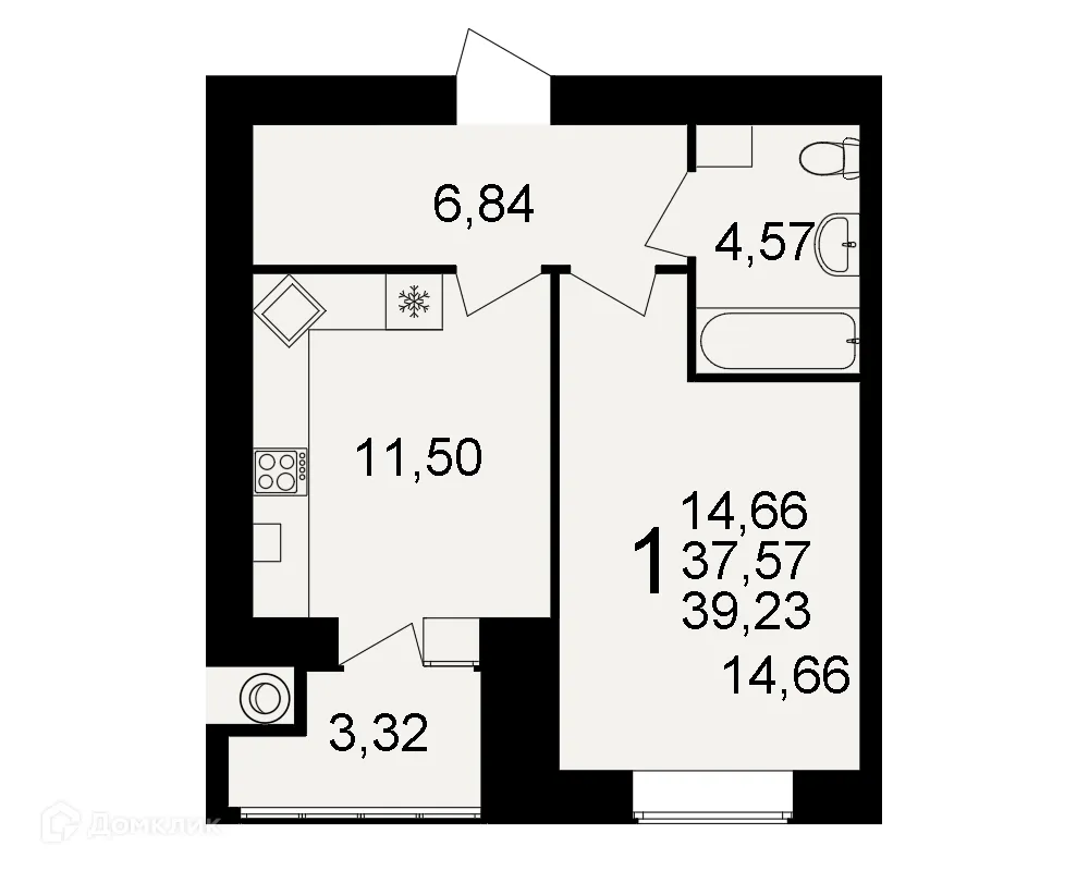 Планировка 1-комнатной квартиры 39.23 м² в ЖК Видный, г. Рязань — фото 1