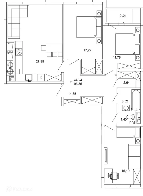 Планировка 3 комн. в ЖК Смарт Квартал ЦЕНТРАЛЬНЫЙ