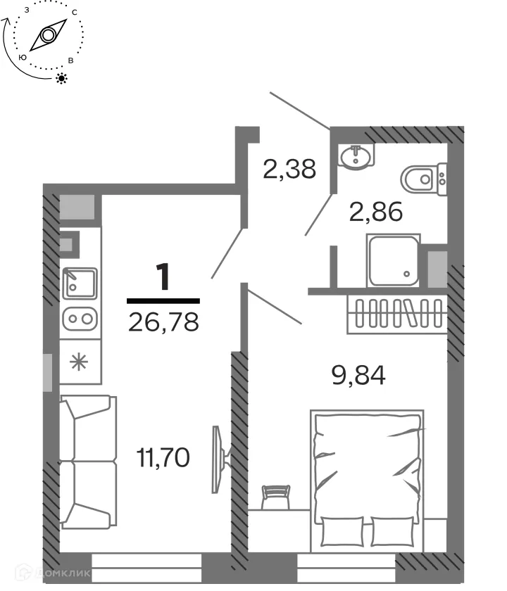 Планировка 1-комнатной квартиры 26.78 м² в ЖК город Рязань, Улица Зубковой, г. Рязань — фото 1