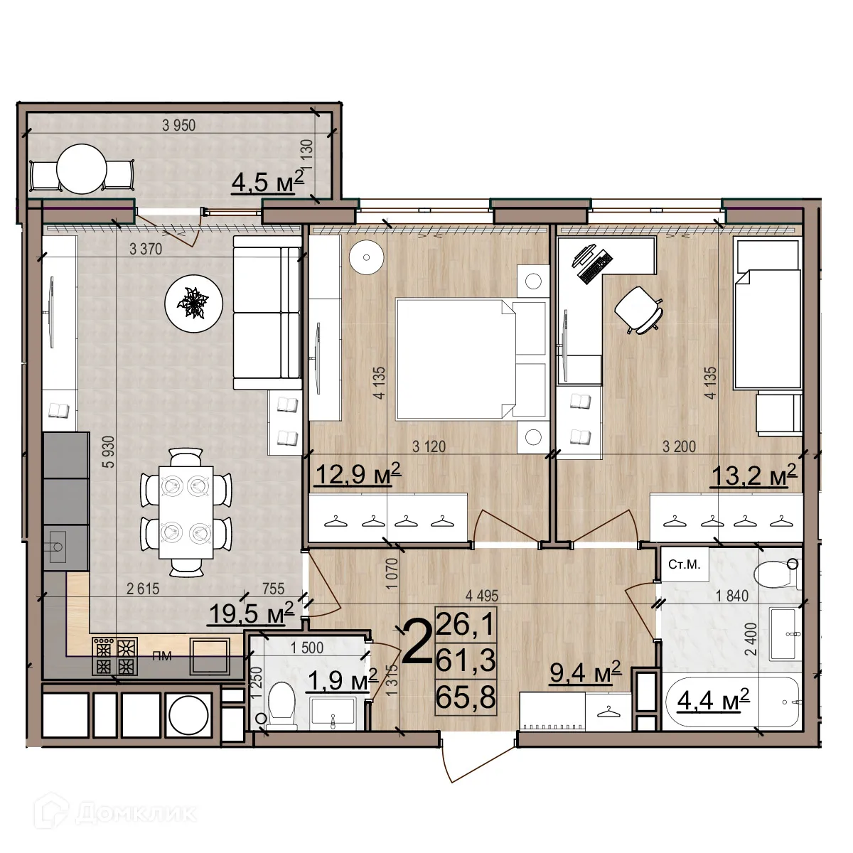 Планировка 2-комнатной квартиры 65.8 м² в ЖК Еврокласс-5, г. Рязань — фото 1