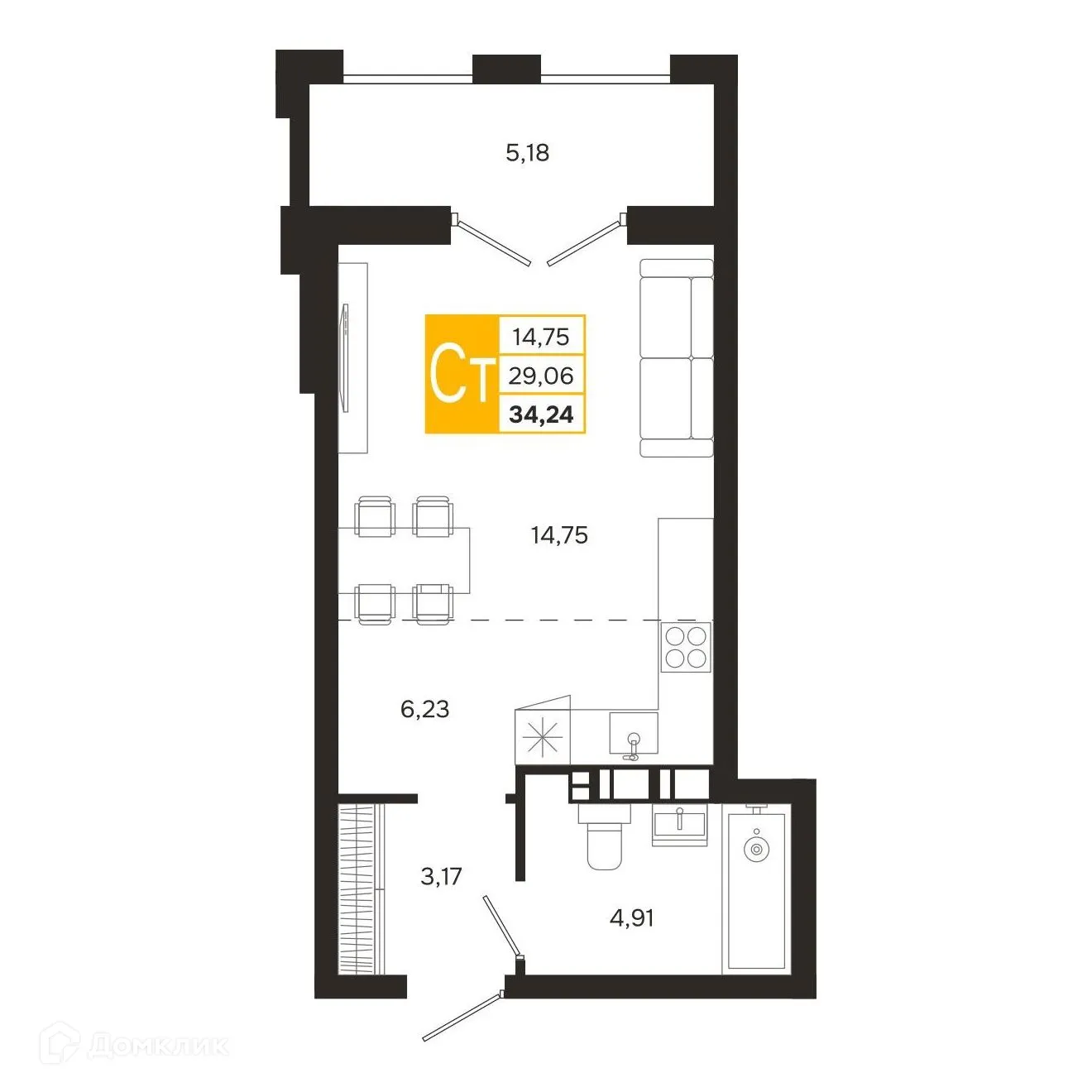 Планировка студии квартиры 34.24 м² в ЖК Ривер Парк, г. Рязань — фото 2
