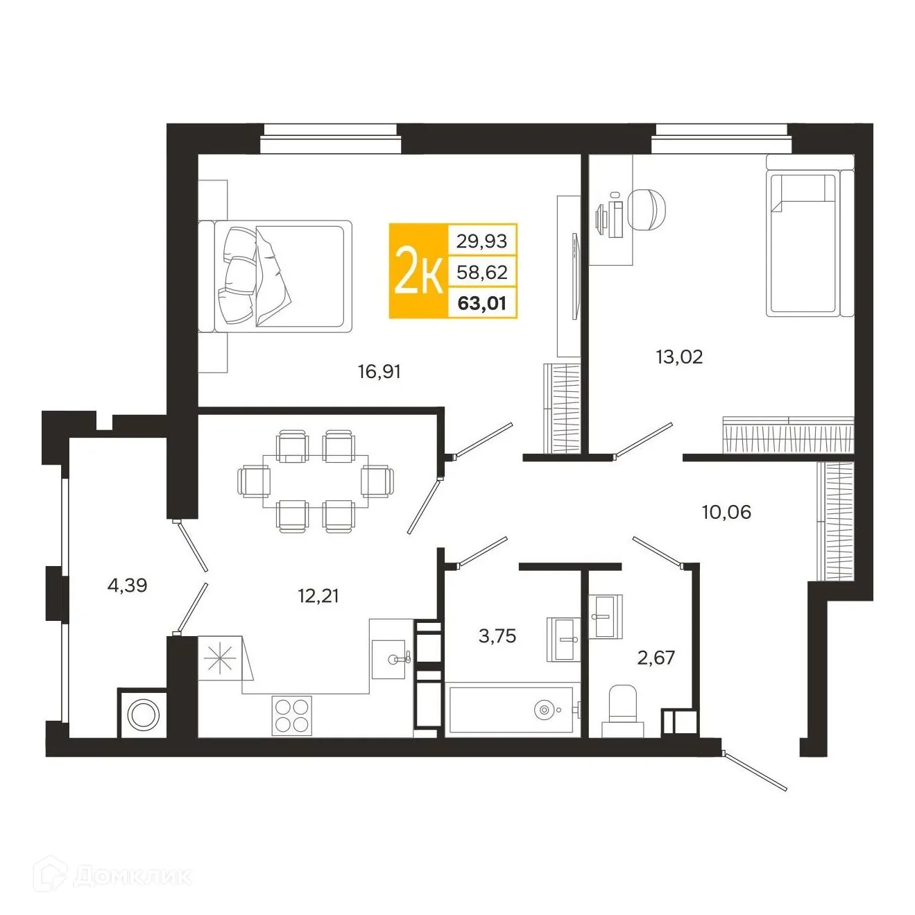 Планировка 2-комнатной квартиры 63.01 м² в ЖК Ривер Парк, г. Рязань — фото 2