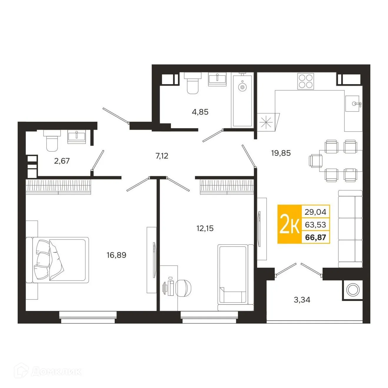 Планировка 2-комнатной квартиры 66.87 м² в ЖК Ривер Парк, г. Рязань — фото 2