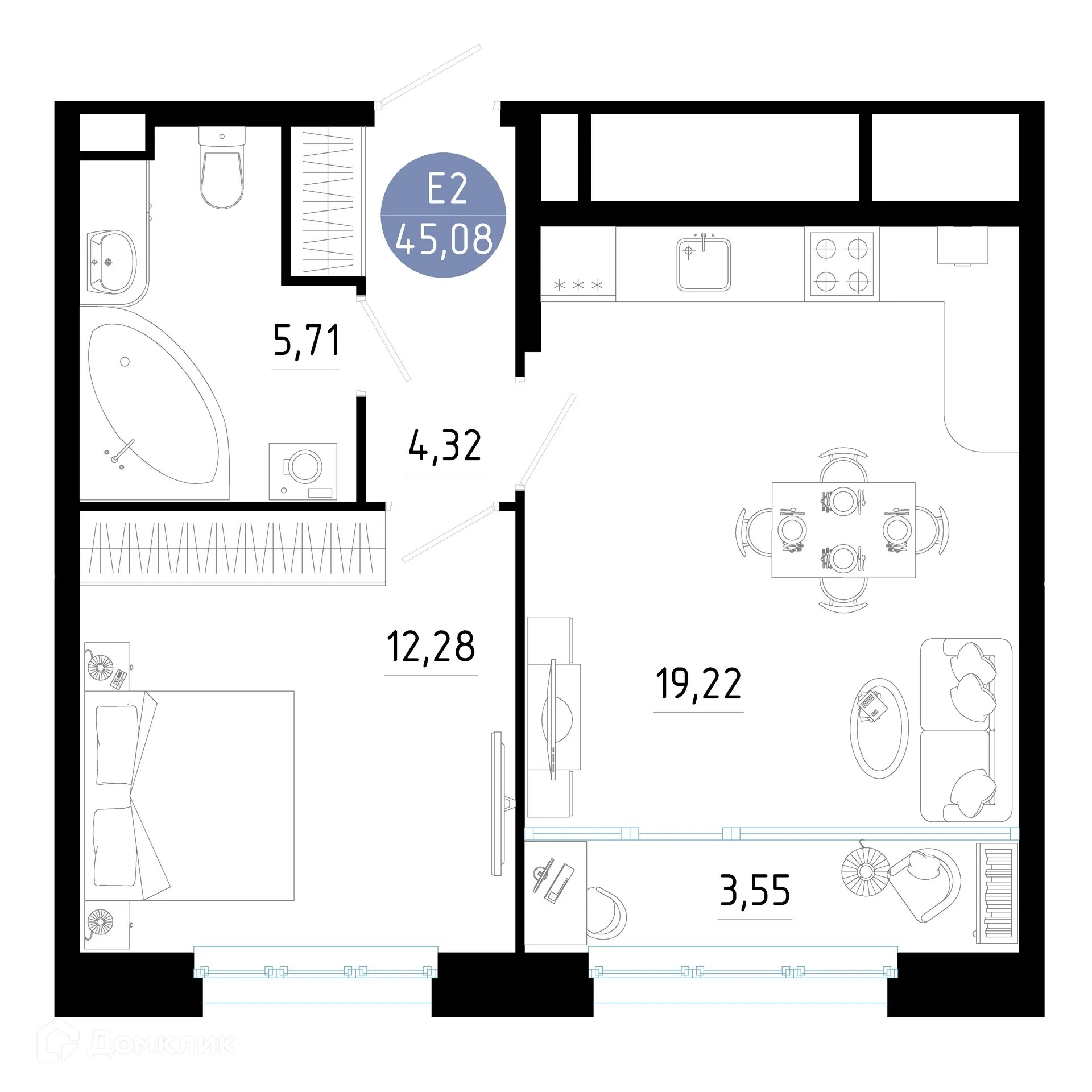 Планировка 1-комнатной квартиры 45.08 м² в ЖК РОЩА, г. Рязань — фото 1