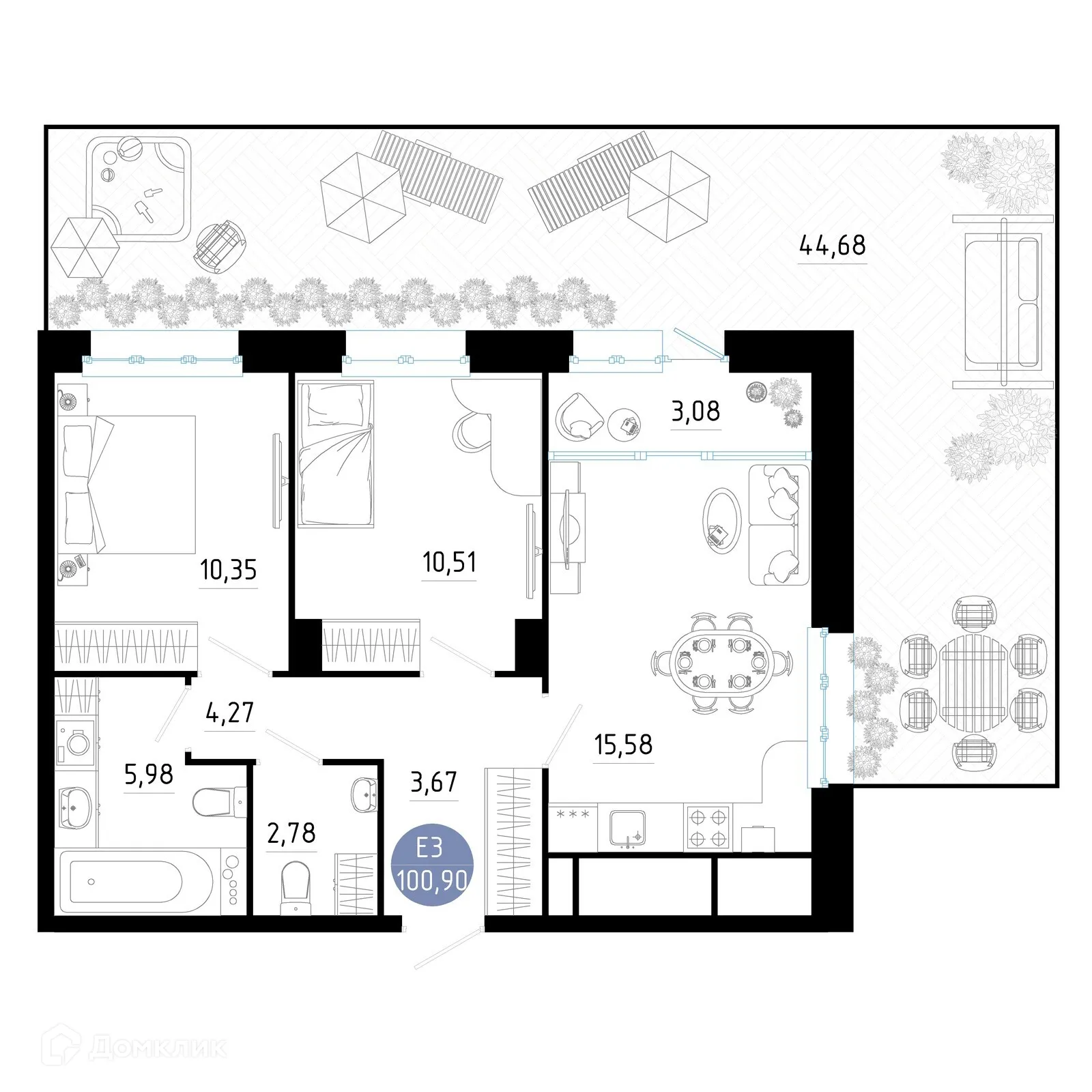 Планировка 2-комнатной квартиры 100.9 м² в ЖК РОЩА, г. Рязань — фото 1
