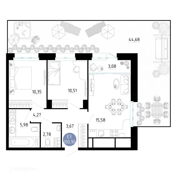 Планировка 2 комн. в ЖК РОЩА