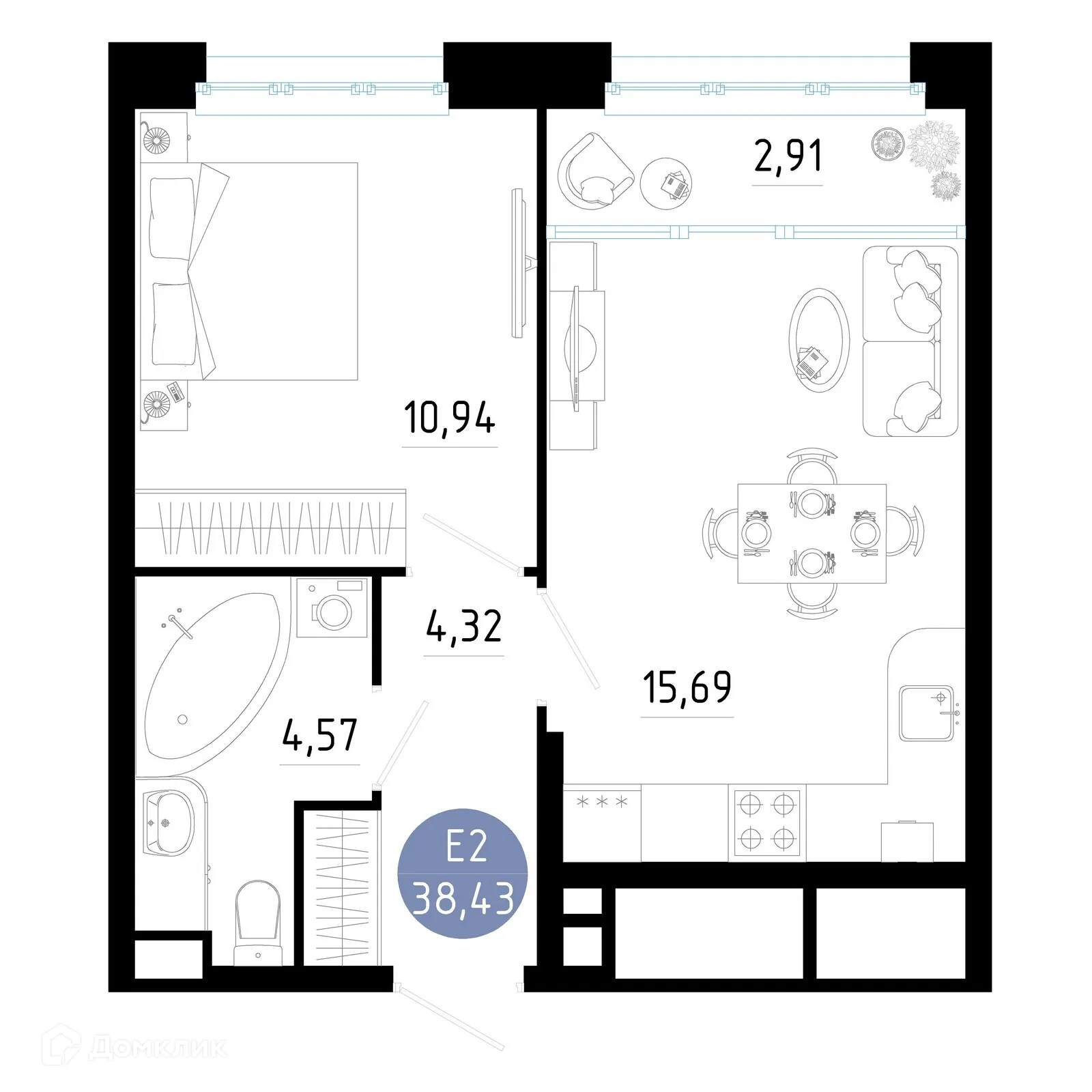 Планировка 1-комнатной квартиры 38.43 м² в ЖК РОЩА, г. Рязань — фото 1