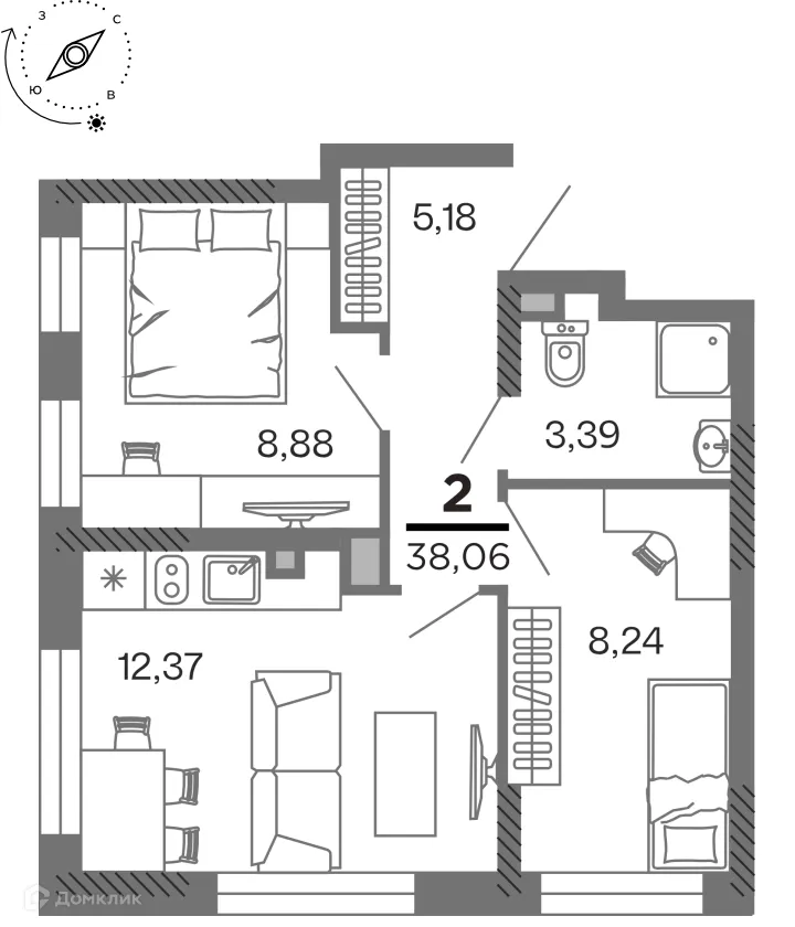 Планировка 2-комнатной квартиры 38.06 м² в ЖК город Рязань, Улица Зубковой, г. Рязань — фото 1