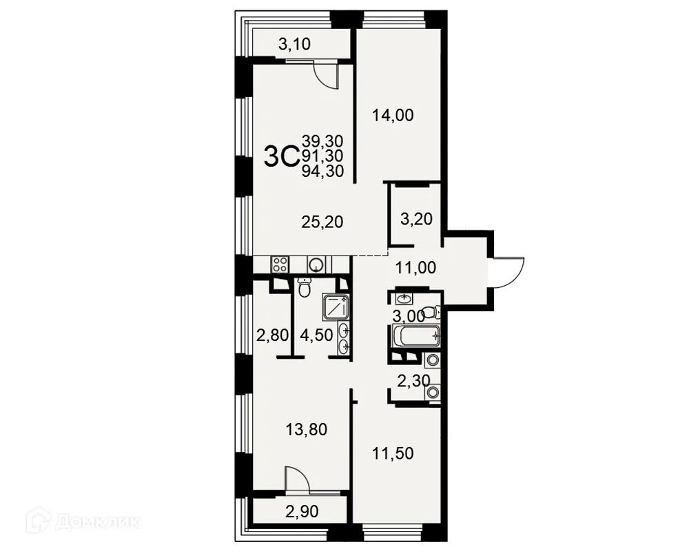 Планировка 3-комнатной квартиры 94.3 м² в ЖК "Акцент", г. Рязань — фото 1