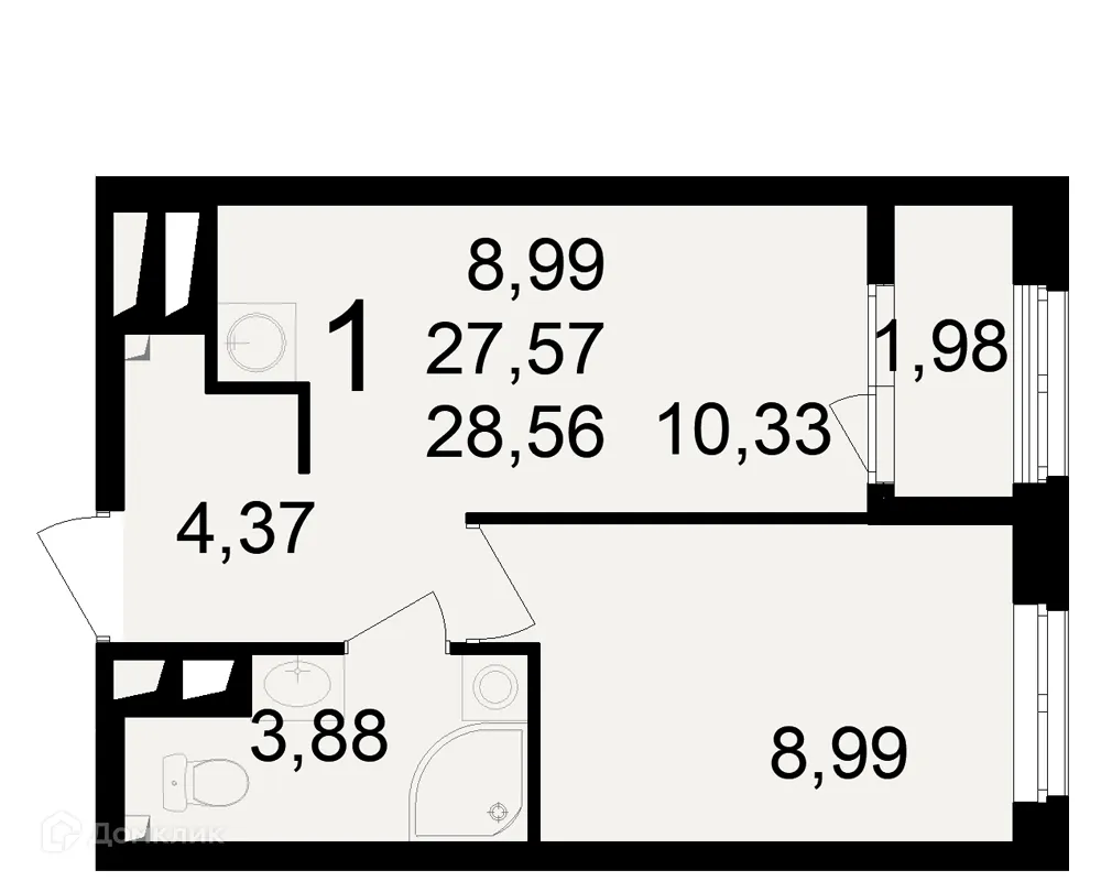 Планировка 1-комнатной квартиры 28.56 м² в ЖК Макроквартал "Свобода", г. Рязань — фото 1
