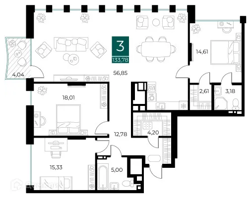 Планировка 3-комнатной квартиры 133.78 м² в ЖК Арт-кварталы, г. Рязань — фото 1