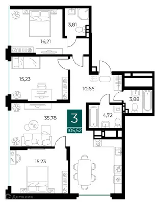 Планировка 3-комнатной квартиры 105.52 м² в ЖК Арт-кварталы, г. Рязань — фото 1