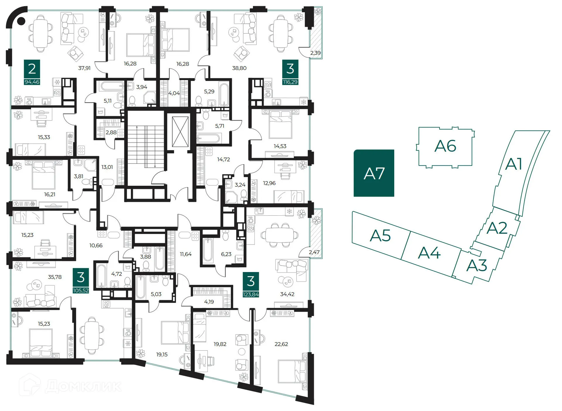 Планировка 3-комнатной квартиры 105.52 м² в ЖК Арт-кварталы, г. Рязань — фото 2