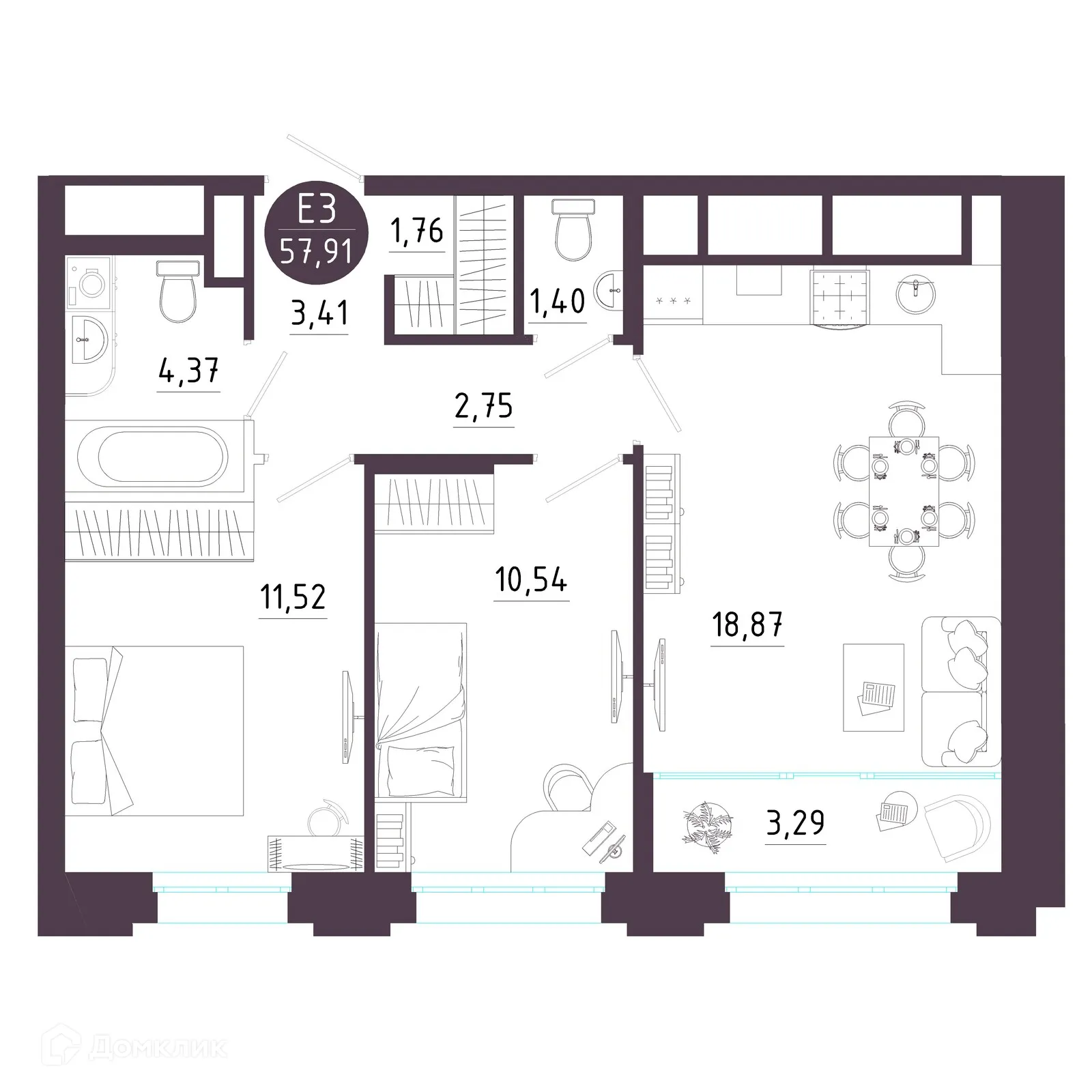 Планировка 2-комнатной квартиры 57.91 м² в ЖК Крылья, г. Рязань — фото 1