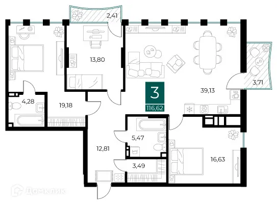 Планировка 3-комнатной квартиры 116.62 м² в ЖК Арт-кварталы, г. Рязань — фото 1