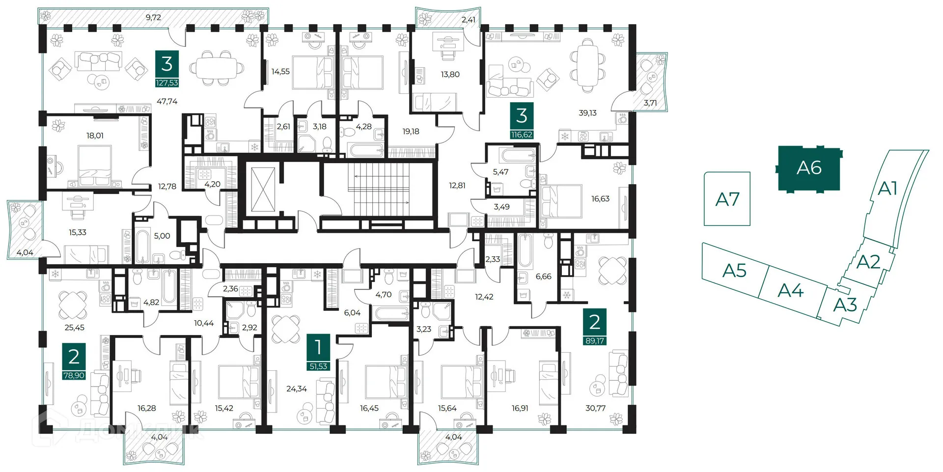 Планировка 3-комнатной квартиры 116.62 м² в ЖК Арт-кварталы, г. Рязань — фото 2