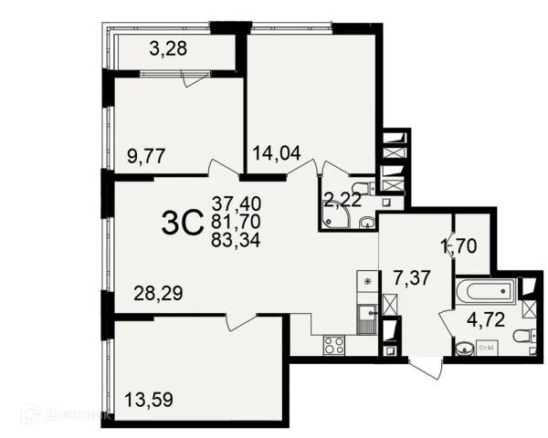 Планировка 3 комн. в ЖК Большая история