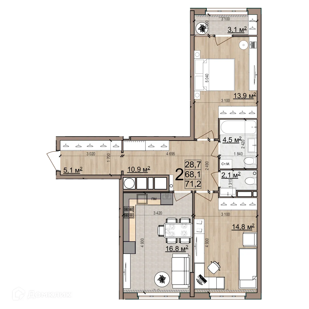 Планировка 2-комнатной квартиры 70.1 м² в ЖК Еврокласс-5, г. Рязань — фото 1
