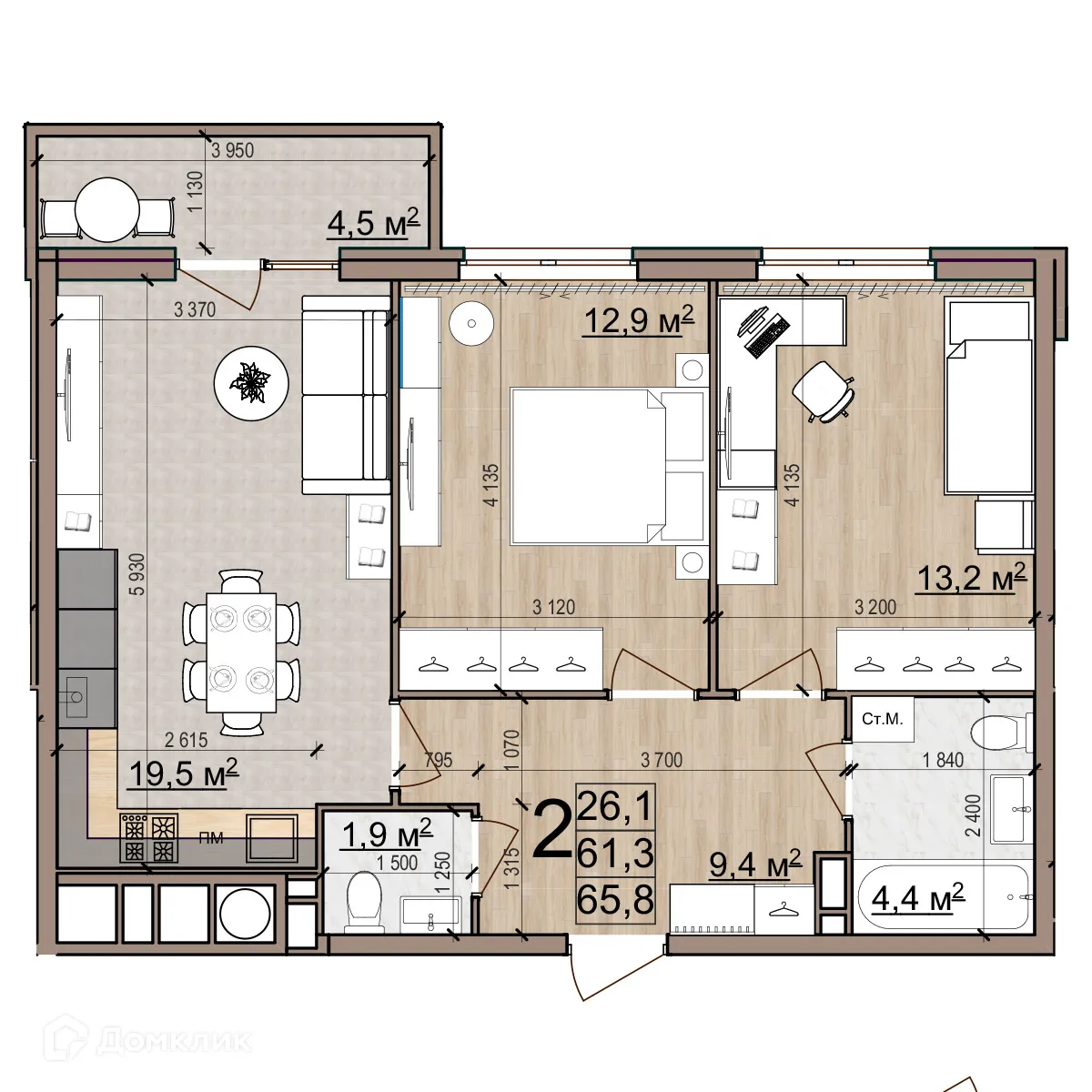 Планировка 2-комнатной квартиры 65.8 м² в ЖК Еврокласс-5, г. Рязань — фото 1