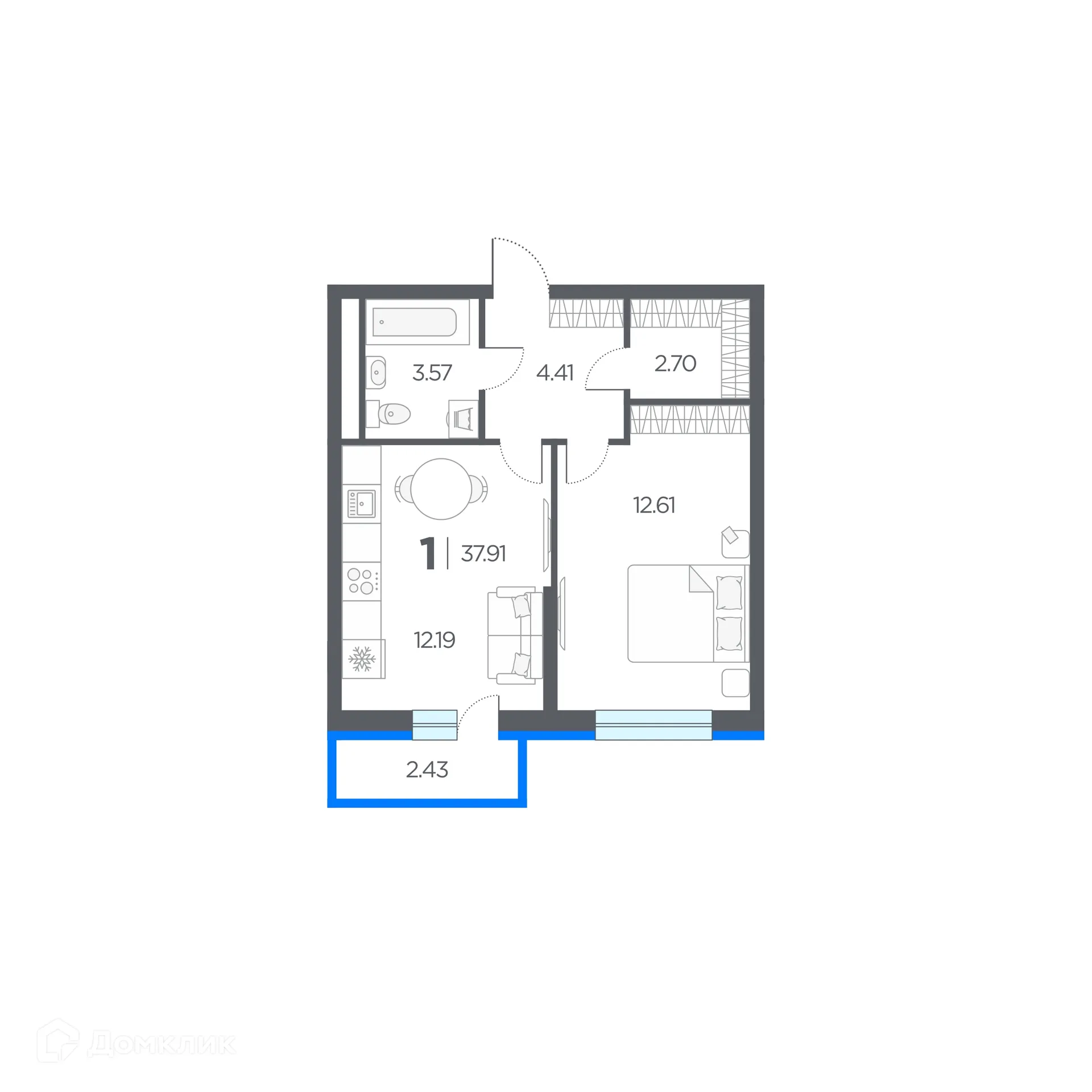 Планировка 1-комнатной квартиры 37.91 м² в ЖК Окские просторы, г. Рязань — фото 1