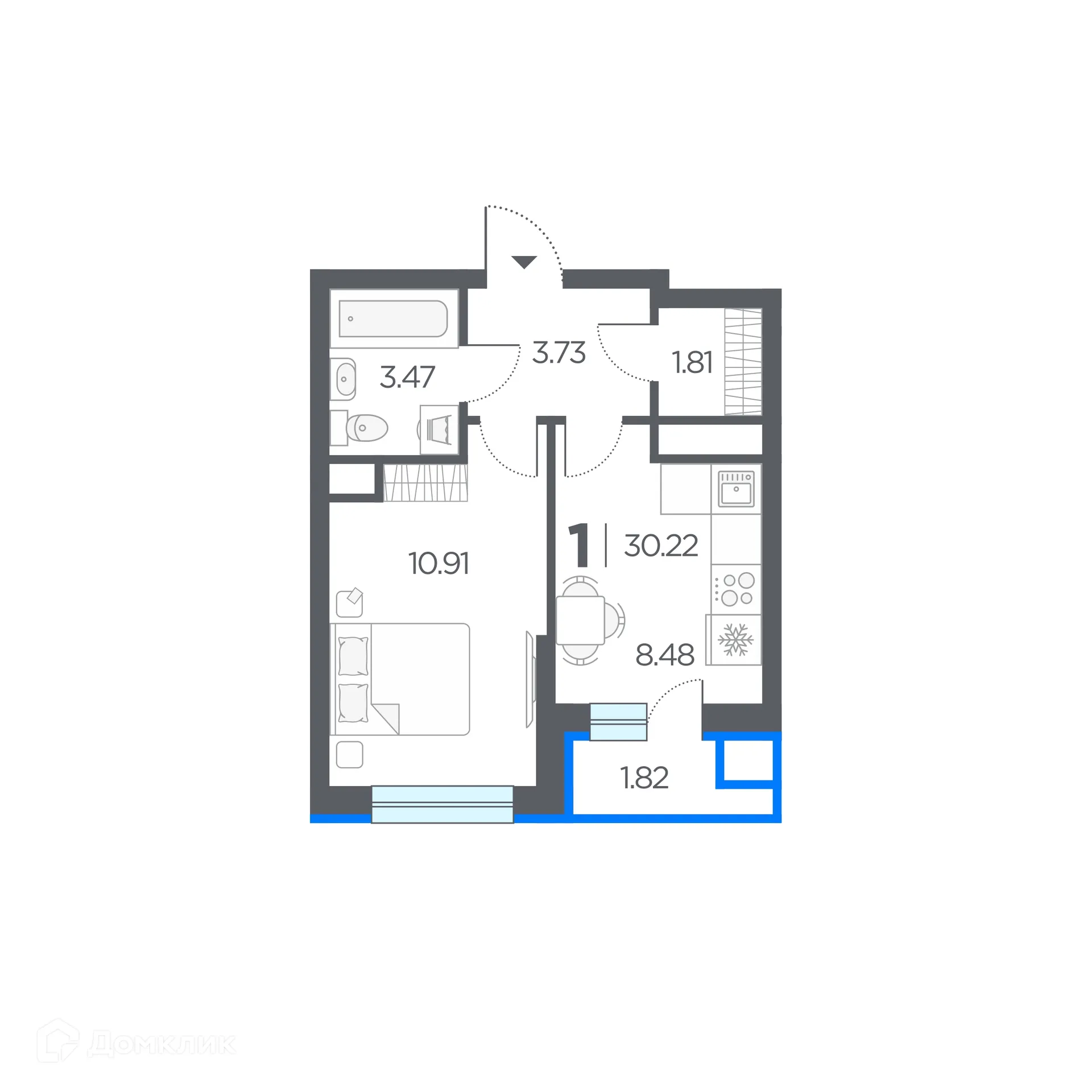 Планировка 1-комнатной квартиры 30.22 м² в ЖК Новые горизонты, г. Дядьково — фото 1