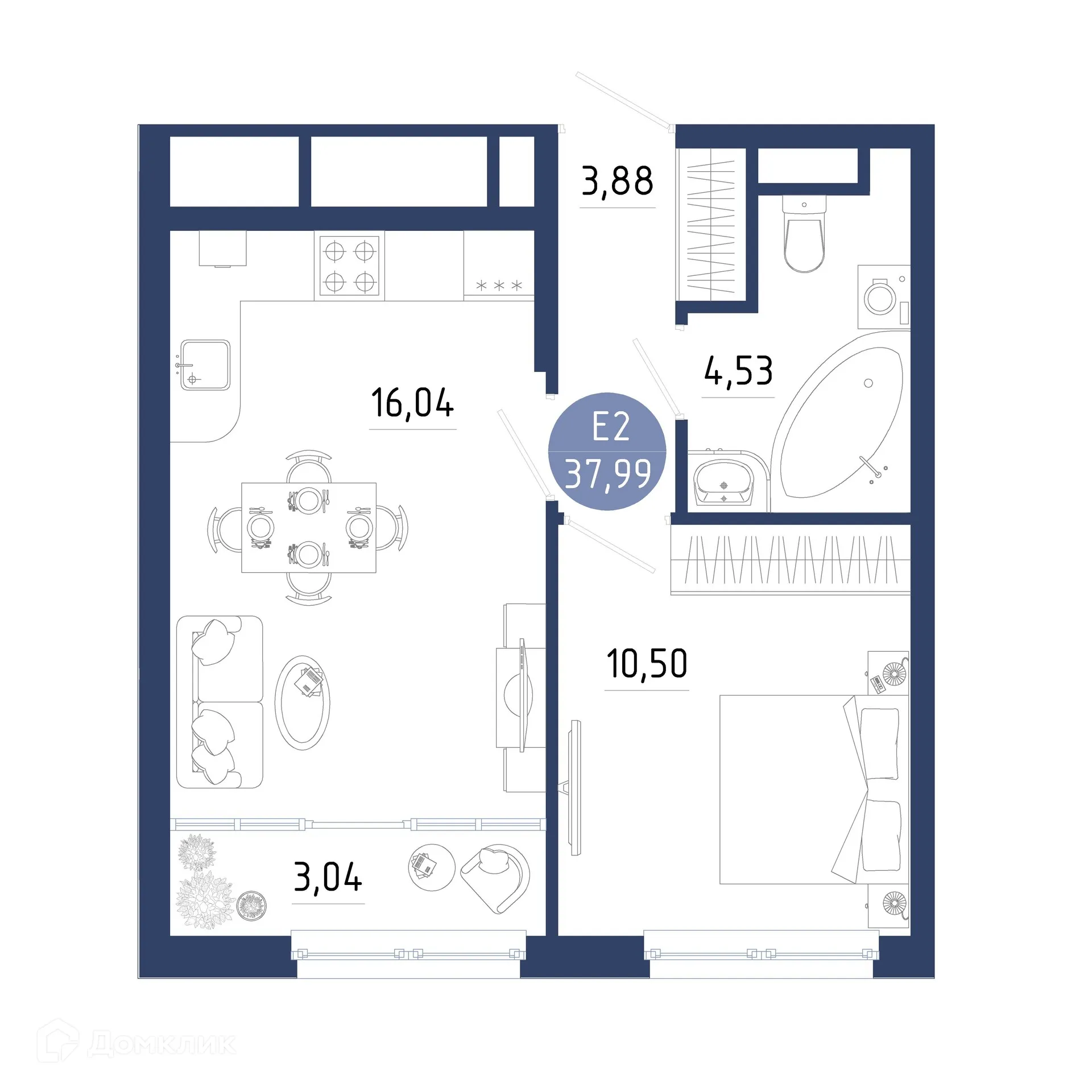 Планировка 1-комнатной квартиры 37.99 м² в ЖК Бульвар оптимистов, г. Дядьково — фото 1