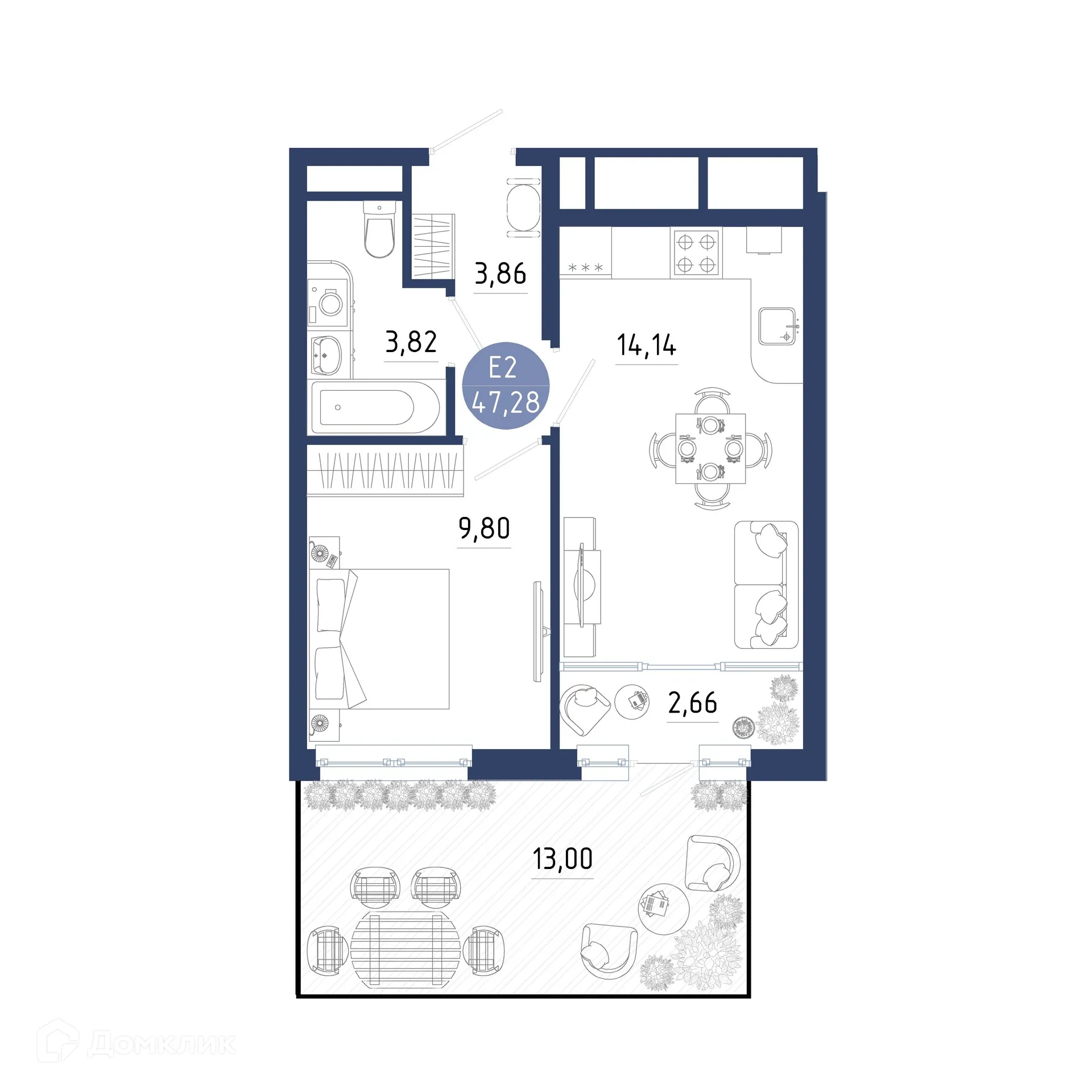 Планировка 1-комнатной квартиры 47.28 м² в ЖК Бульвар оптимистов, г. Дядьково — фото 1