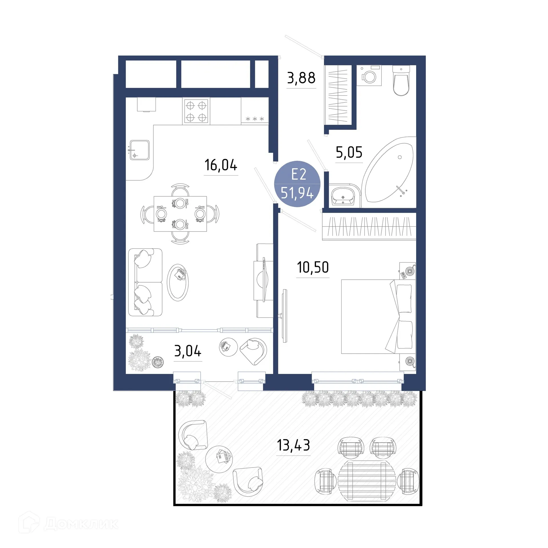 Планировка 1-комнатной квартиры 51.94 м² в ЖК Бульвар оптимистов, г. Дядьково — фото 1