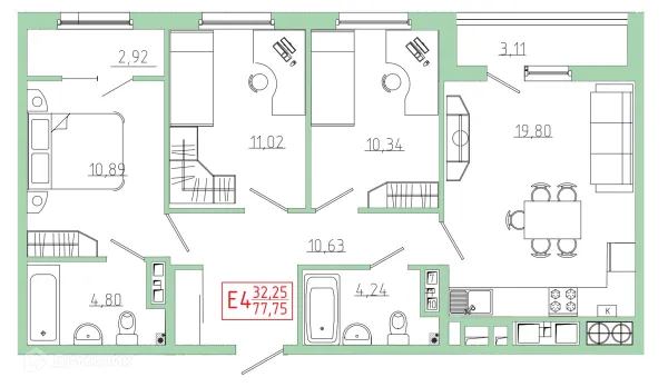 Планировка 3 комн. в ЖК Бульвар оптимистов