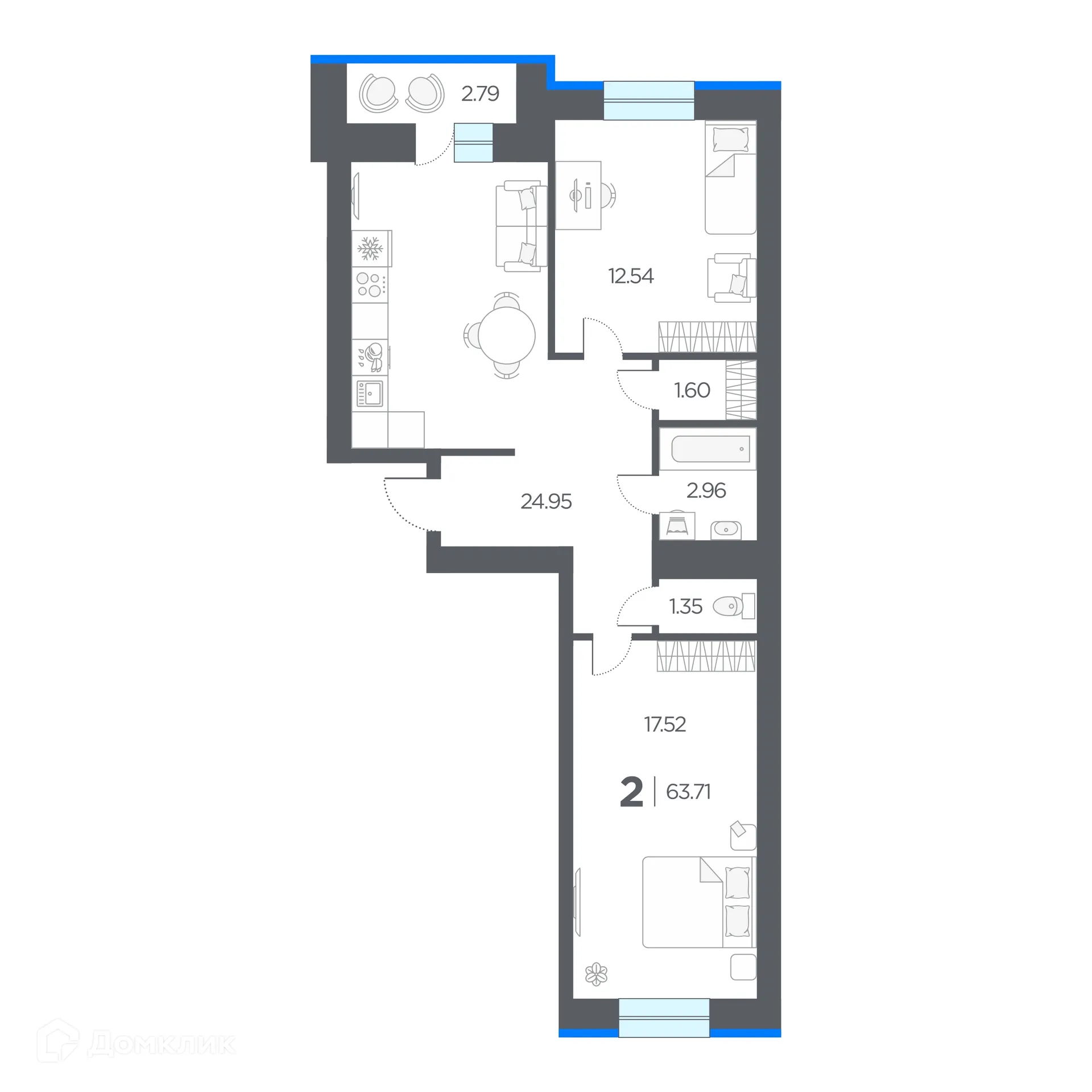 Планировка 2-комнатной квартиры 63.71 м² в ЖК ОГНИ, г. Дядьково — фото 1
