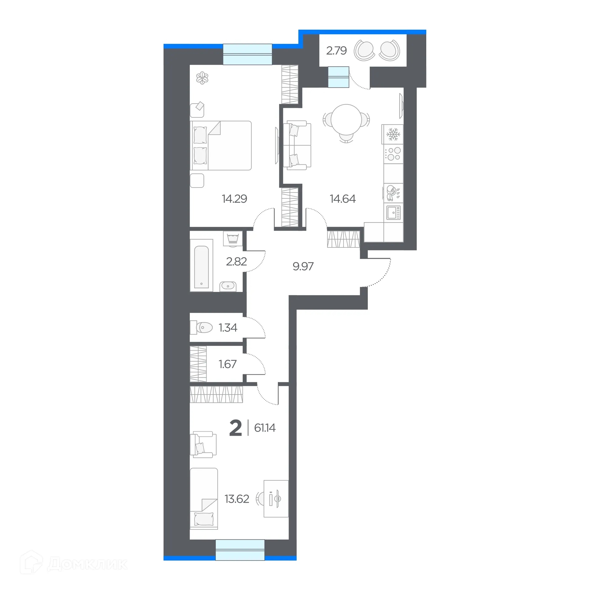 Планировка 2-комнатной квартиры 61.14 м² в ЖК ОГНИ, г. Дядьково — фото 1