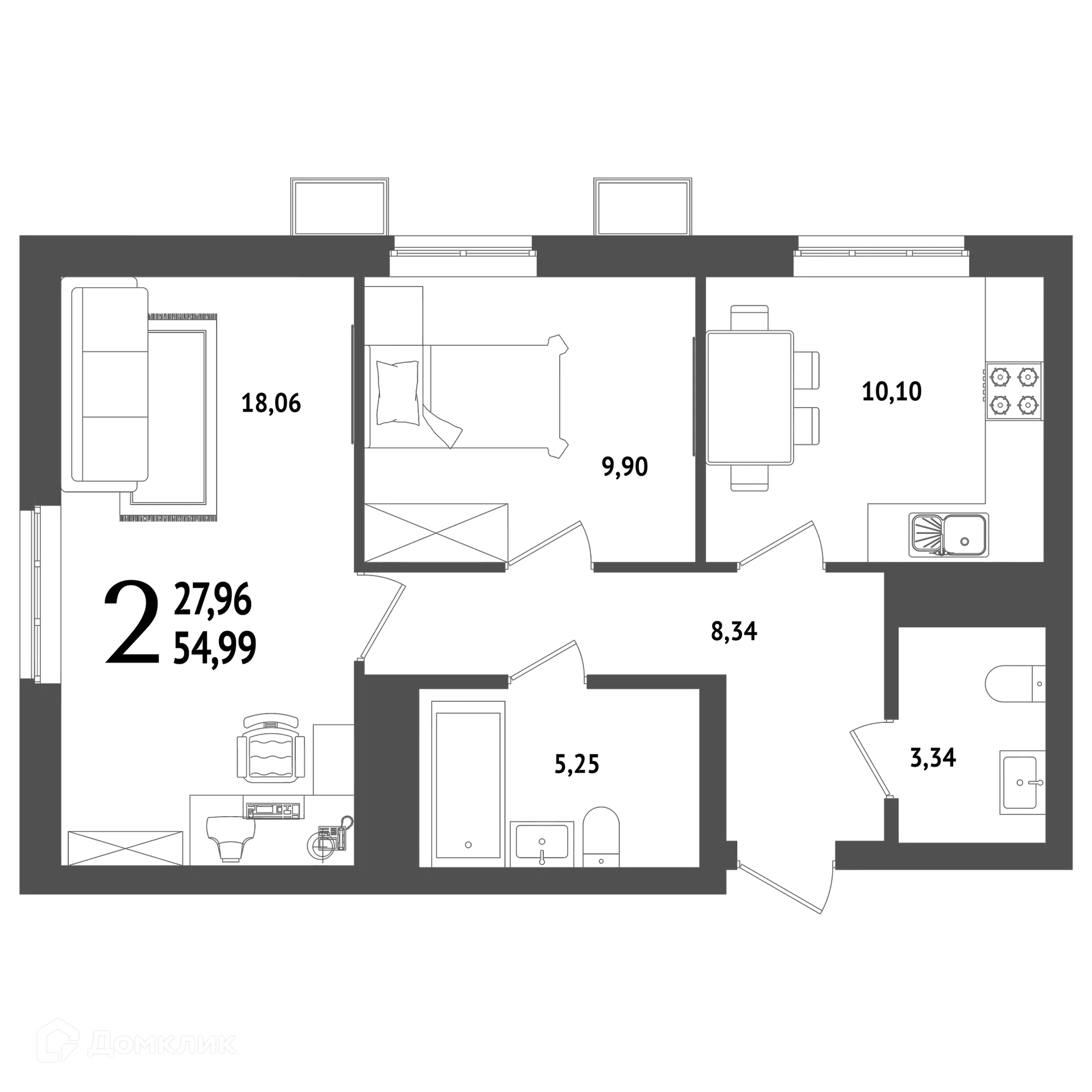 Планировка 2-комнатной квартиры 54.99 м² в ЖК "ХОЛМОГОРЫ", г. Уфа — фото 1