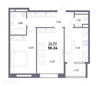 Планировка 2-комнатной квартиры 52.2 м² в ЖК Умный дом, г. Уфа — фото 1