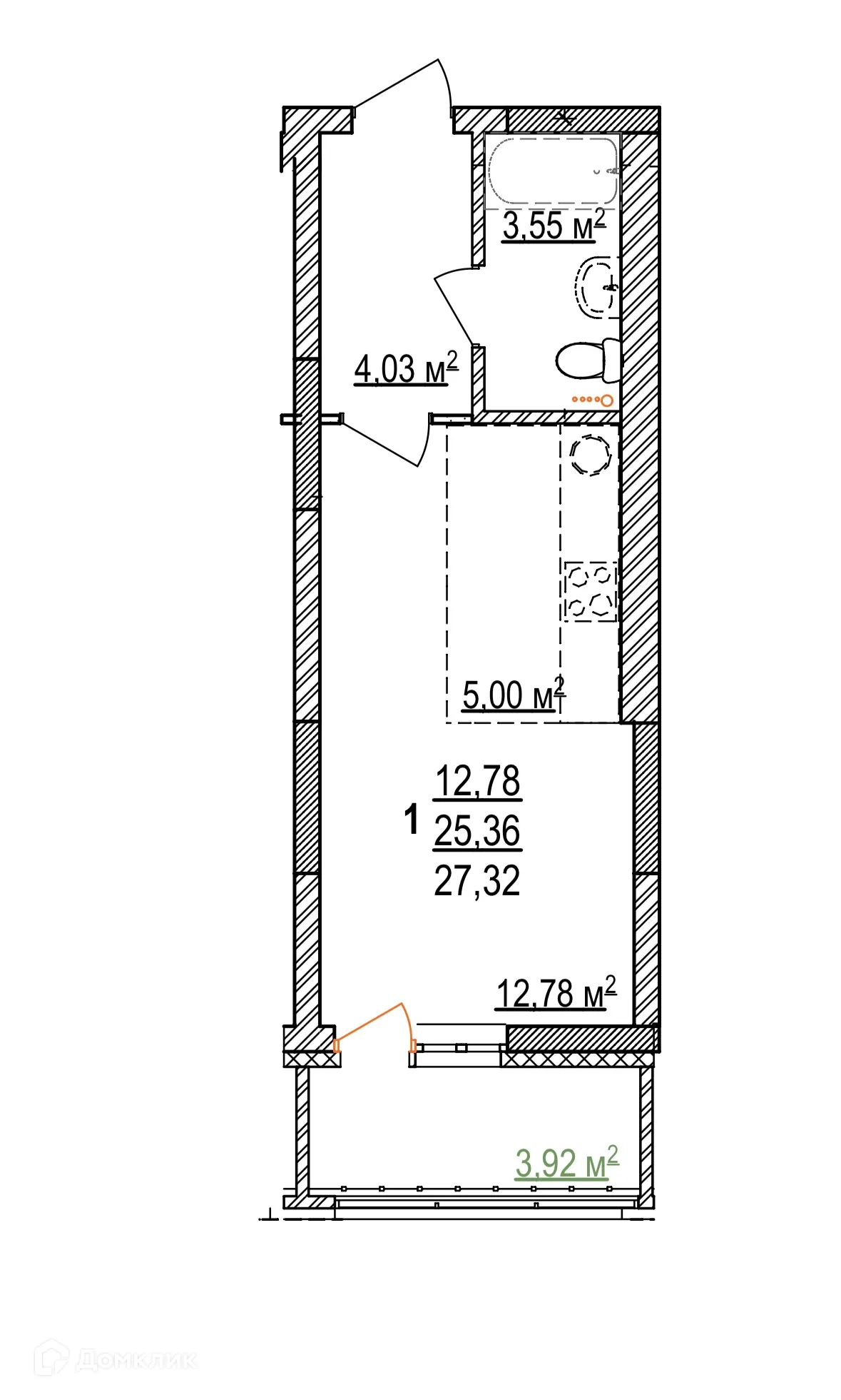Планировка 1-комнатной квартиры 27.32 м² в ЖК Дом на Бородинской, г. Уфа — фото 1
