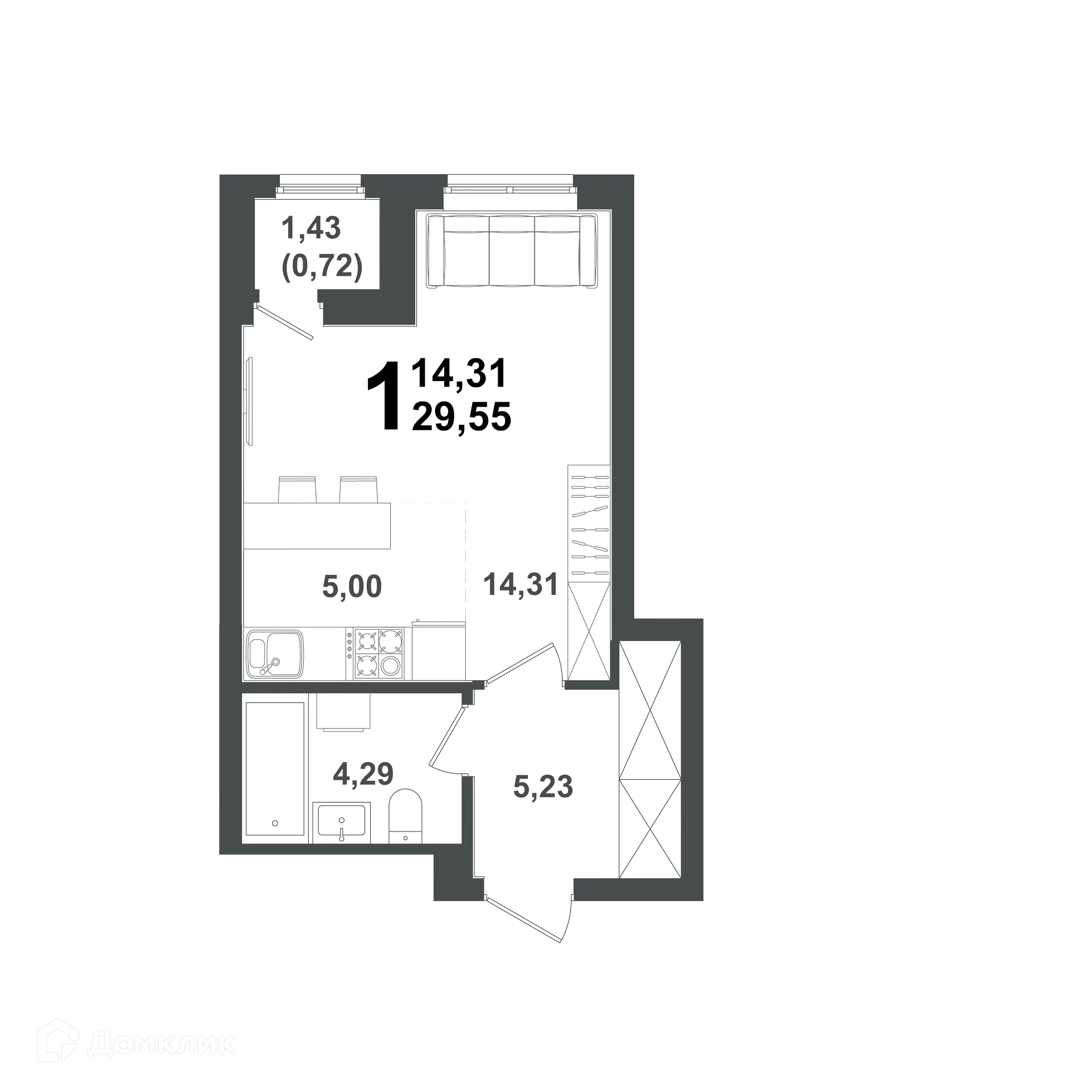 Планировка студии квартиры 29.55 м² в ЖК "ХОЛМОГОРЫ", г. Уфа — фото 1