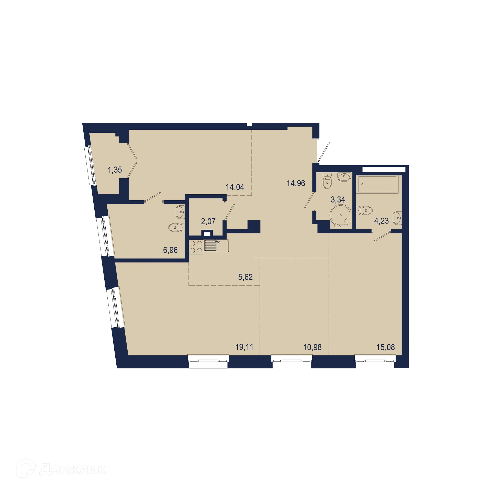 Планировка 4-комнатной квартиры 97.74 м² в ЖК NEW BRIDGE (Нью Бридж), г. Уфа — фото 1
