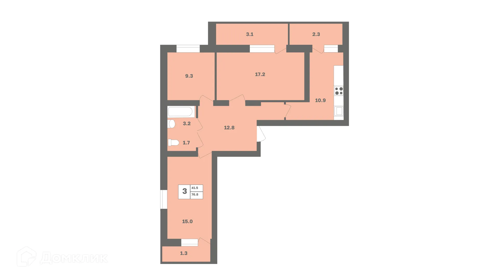 Планировка 3-комнатной квартиры 76.8 м² в ЖК Мечтателей, г. Уфа — фото 1